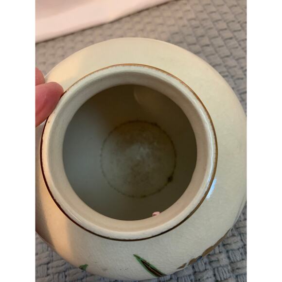 Vintage Vase with Irises and Bird Design Cream/Blue/Gold Medium Size 5.5x5.5 - Picture 3 of 4